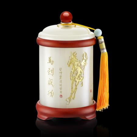 琉璃+红木马到成功茶叶罐(圆）工艺收藏佳品淘礼巴巴