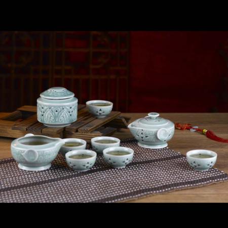 雅色清香 玲珑瓷 九件套茶具淘礼巴巴