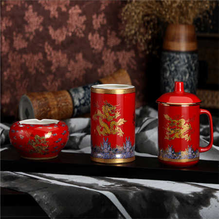 一等骨瓷中华龙三件套(红)淘礼巴巴