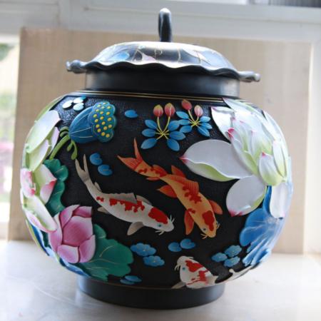 鱼戏荷塘 黑陶茶叶罐 云南本土工艺 家居摆件 办公室摆件淘礼巴巴